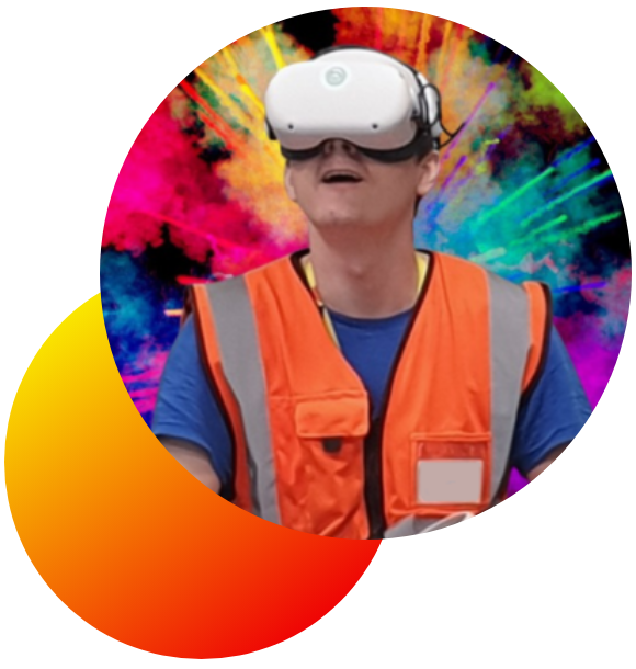A boy wearing an orange jacket wore a VR headset.
