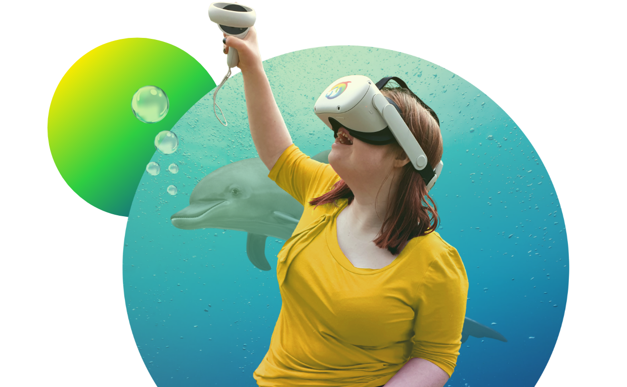 A woman with down's syndrome in a yellow dress using a VR headset