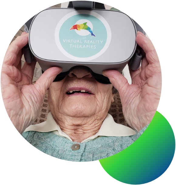 An old person wearing a VR headset